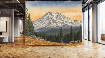 Watercolor Illustration - Mt. Shasta, California Wall mural