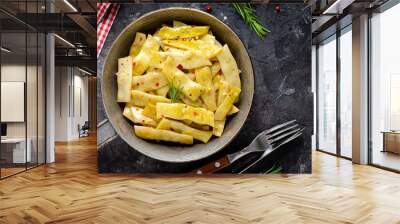 Cooked Yellow Beans, Long Beans in a Skiller over Dark Background, Tasty Vegetarian Meal Wall mural