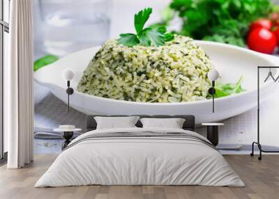 Spinach Rice on a Plate over Bright Background Wall mural