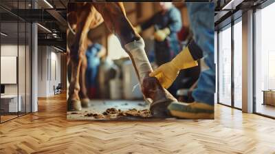 Veterinarian Bandaging the Injured Leg of a Horse in a Stable During Morning Hours Wall mural