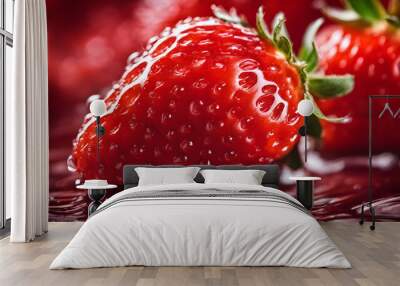 Close up of red juicy strawberry texture background with flowing drops Wall mural