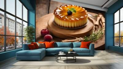 Flan Tart, creamy and caramelised, on a rustic board, cozy bakery, afternoon light Wall mural