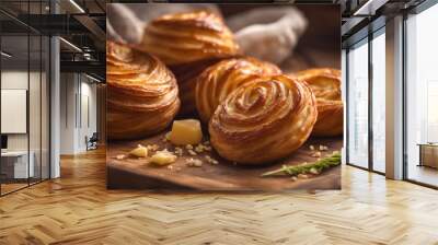 Palmier, flaky and golden, on a rustic board, warm bakery, morning light Wall mural