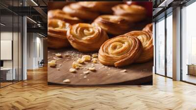 Palmier, flaky and golden, on a rustic board, warm bakery, morning light Wall mural