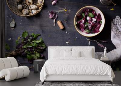 Fresh spring salad with basil, eggs, radicchio leaves and garlic on dark wooden table, top view. Wall mural