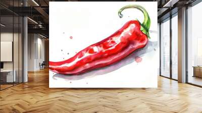 Fiery Red Chili Pepper. Hand-drawn Watercolor Illustration of Spicy Ingredient from Mexico Wall mural