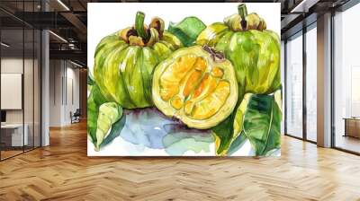 Fresh Cambodian Superfood: Vibrant Watercolor Illustration of Garcinia Cambogia Fruit Wall mural