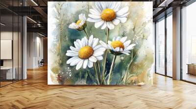 Hand-drawn Chamomile Flowers in Watercolor, Symbol of Herbal Medicine and Aromatherapy Wall mural