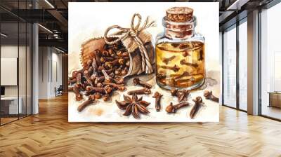 Hand Drawn Watercolor Clove Tree Buds and Essential Oil Interaction for Aromatic Culinary Experience Wall mural