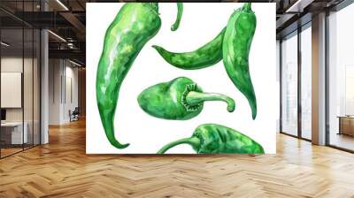 Handmade Watercolor Illustration of Fresh Green Chili Pepper Set on White Background Wall mural