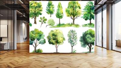 Lush Grove: Watercolor Forest Landscape with Hand-drawn Trees and Foliage Wall mural