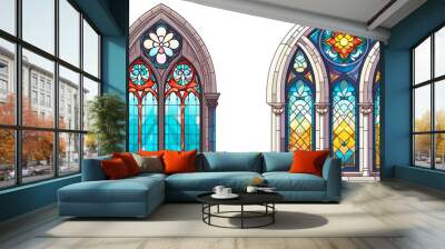 Set of Church Windows. Gothic window. Illustration in stained glass style with abstract pattern, isolated on transparent background Wall mural