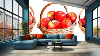 Set of watercolor basket of red apples, isolated on transparent background Wall mural