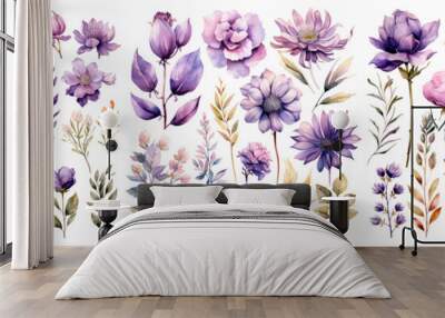 Set of watercolor illustration floral elements, isolated on transparent background Wall mural