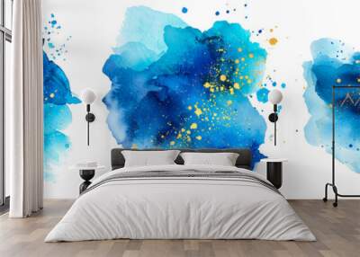 Set of watercolor splatter, marisol blue color palette, gold specs, isolated on transparent background Wall mural