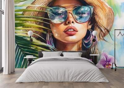 Summer Boho Vibes Set: Watercolor Sunglasses & Tropical Palm Leaves with Orchid Flower Wall mural