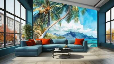 Tropical Paradise. Hand-painted Watercolor Illustration of a Sunny Beach with Palm Trees and Crystal Clear Blue Waters Wall mural