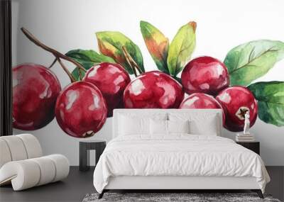 Watercolor Cranberry Illustration. Heap of Fresh Ripe Berries and Leaves isolated on White Background Wall mural