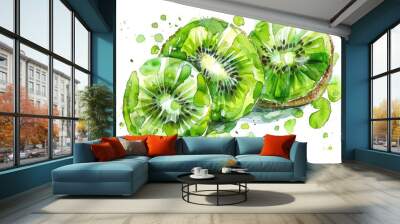 Watercolor Illustration of Fresh Juicy Kiwi Fruit Slice on White Background Wall mural