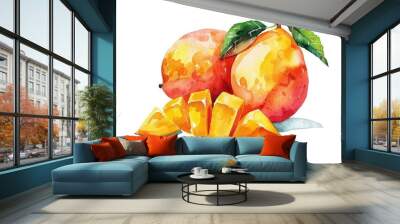 Watercolor Mango Fruit and Cubes Illustration on White Background Wall mural