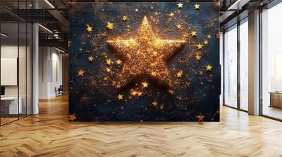 3d rendered golden fireworks sign with starshaped elements festive black background Wall mural