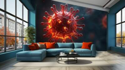 3d rendering of menacing red virus particle detailed surface structure visible floating against dark background to emphasize threat Wall mural