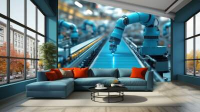 advanced industrial robotics in action automated manufacturing line sleek machinery blue lighting industry 40 concept efficiency in motion Wall mural