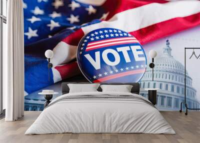 Vote election badge button with text VOTE for 2024 background, lying at the American flag , vote USA 2024, 3D illustration. Wall mural