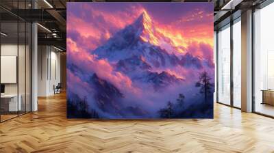 aigenerated landscape featuring a towering mountain peak at sunset surrounded by ethereal clouds and bathed in surreal vibrant colors Wall mural