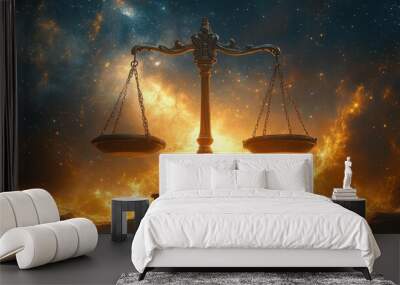 ancient stone balance scale with ornate carvings set against a backdrop of starry night sky cosmic energy swirling around the scale symbolizing universal equilibrium Wall mural