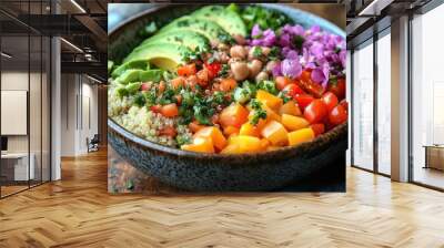 artfully arranged buddha bowl with rainbow vegetables quinoa base avocado slices edible flowers rustic wooden table natural light Wall mural