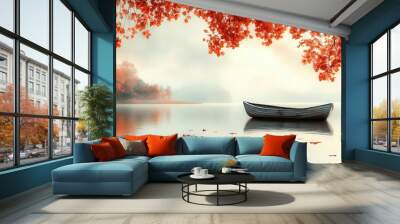 autumn leaves decorating a tranquil lake, an isolated rowboat gently gliding on the calm water, with a soft pastel sky above, creating a peaceful ambiance with plenty of space for text Wall mural