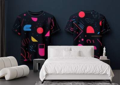 avantgarde black tshirt design abstract geometric patterns neon accents floating 3d elements front and back views minimalist background high contrast lighting Wall mural