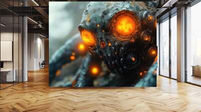 biomechanical monster cyborg fusion of organic and robotic elements menacing glowing eyes intricate mechanical details scifi horror aesthetic Wall mural