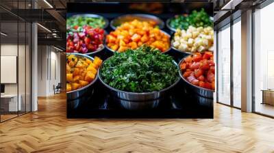 close-up meal featuring an array of colorful vegan dishes arranged beautifully, showcasing the freshness and variety of vegetables, promoting healthy eating and vibrant lifestyles Wall mural