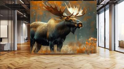 closeup of a majestic moose with grand antlers its powerful presence captured in stunning detail surrounded by a softfocus natural backdrop that emphasizes its wild beauty and grace Wall mural