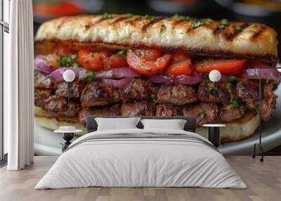 closeup of a mouthwatering gyro sandwich with layers of meat vegetables and sauce presented on a crisp white plate Wall mural