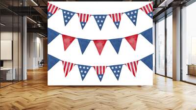 Collection of festive holiday bunting with the United States flag ornament. Hand drawn water color graphic illustration, isolated clipart elements. American patriotic decorations. Triangular shape. Wall mural