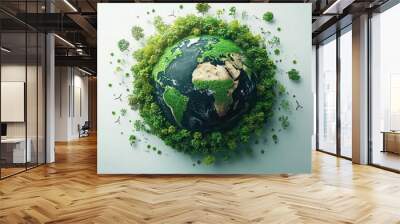 conceptual illustration of ecofriendly sustainable world with green planet earth renewable energy symbols and nature elements surrounding globe depicting environmental conservation efforts Wall mural