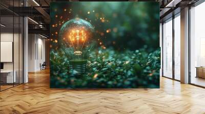 conceptual image of a glowing green paper light bulb symbolizing ecofriendly innovation and sustainable business practices Wall mural