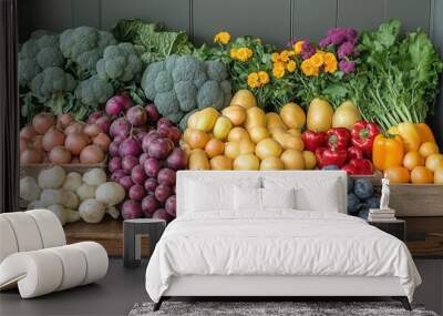 cornucopia of colorful produce overflowing wooden table vibrant fruits and vegetables farmers market abundance natural light fresh harvest Wall mural