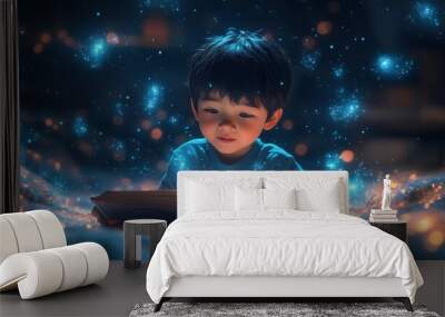 cozy night scene child reading magical storybook warm lamp glow floating illustrations come to life around room wonderment on childs face Wall mural