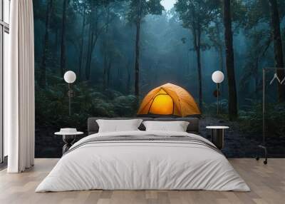 cozy rainforest campsite at twilight gentle rain pattering on a illuminated tent misty tropical vegetation in the background serene ambiance Wall mural