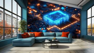 cybersecurity concept glowing blue digital padlock icon emerging from a dark background of binary code and circuit patterns Wall mural