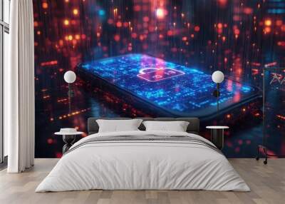 cybersecurity fortress surrounding smartphone neon blue forcefield binary code rain padlockshaped firewall data streams futuristic cityscape background holographic user interface Wall mural