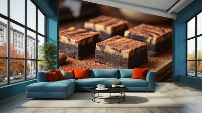 decadent trio of homemade fudge squares marbled with rich chocolate and creamy peanut butter artfully arranged on rustic wooden board with a dusting of cocoa powder Wall mural