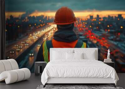 determined construction worker in hard hat and safety vest dramatic angle emphasizes strength and skill highspeed highway project backdrop represents progress and infrastructure development Wall mural