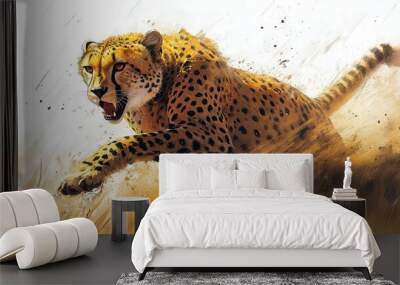 digital art depicting a cheetah midstride on the savanna dynamic pose captures raw speed and power stylized brush strokes and vibrant colors create a sense of motion and energy Wall mural