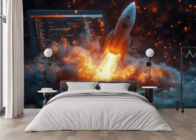 digital liftoff dynamic illustration of rocket bursting from laptop screen symbolizing technological advancement and online success Wall mural