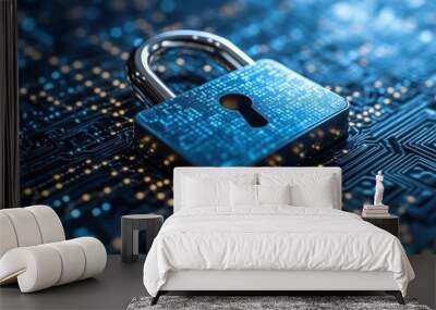 digital padlock illustrated on an abstract blue cyber security background, interspersed with binary code, symbolizing protection and data security in the digital age Wall mural